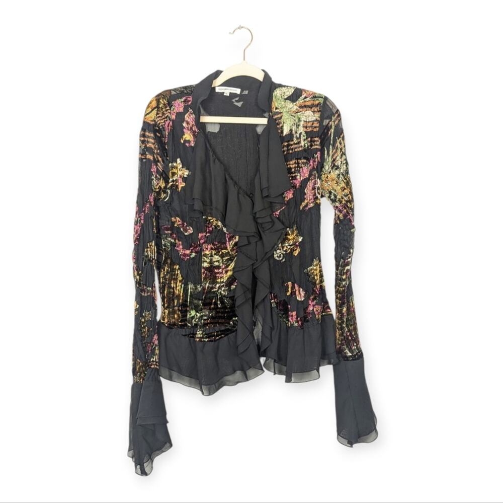 Alexandra Rosati Vintage Top L Black Multicolor Ruffle Button Front Boho